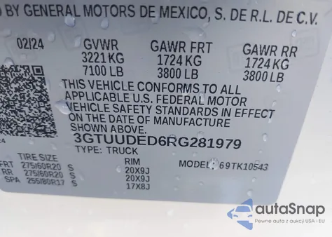 2024 GMC Sierra 1500 4Wd Short Box Slt z USA, uszkodzony, nr VIN 3GTUUDED6RG281979